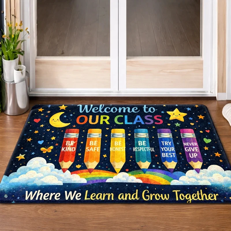 Classroom - Themed  Rug, Warm Class Slogan Design, Durable, Machine-Washable, Decoration for Learning And Growth Space, Non-Sl