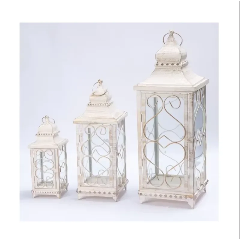 Vintage Metal Wood Glass Lantern for Wedding Party Home Decor Rustic Candle Holder Stand Indoor Outdoor Garden Decoration