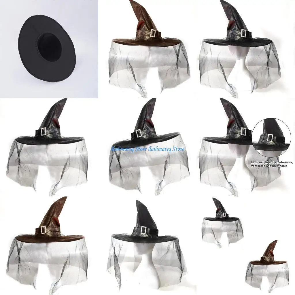 

573B Veil Witch Hat Halloween Party Pointed Wizard Hat Cosplay Costume Hat Headpiece