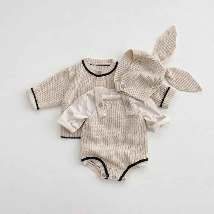 0-24m Infant Girls Simple Knitted Tender Cardigan Newborn Baby Soft Sling Knitwear Bodysuit Fashion Cute Solid Rabbit Ear Cap