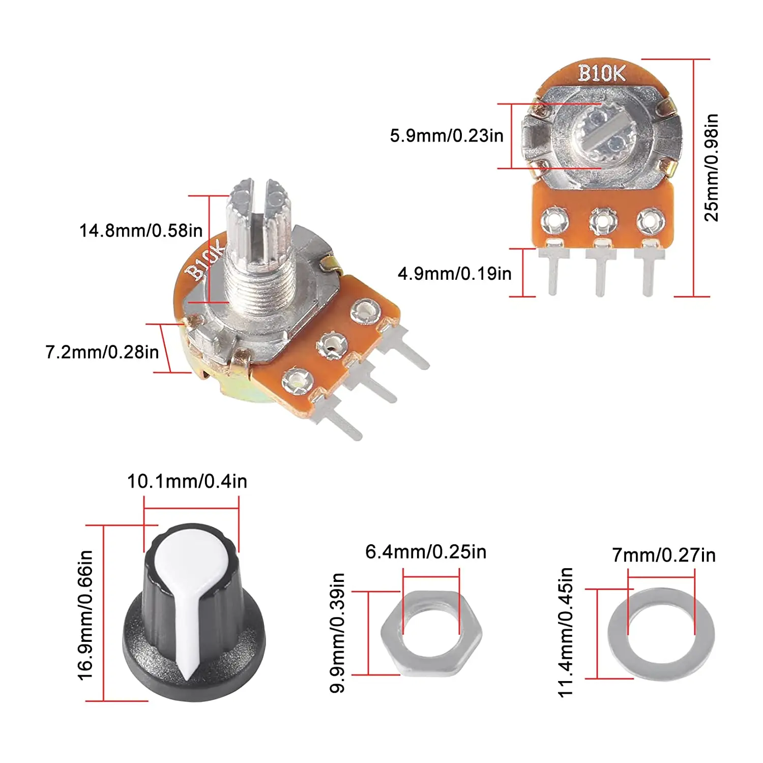 10Pcs 1K 10K 20K 50K 100K 500K Ohm 15mm 3 Pin Linear Taper Rotary Potentiometer Resistor for Arduino with AG2 White cap