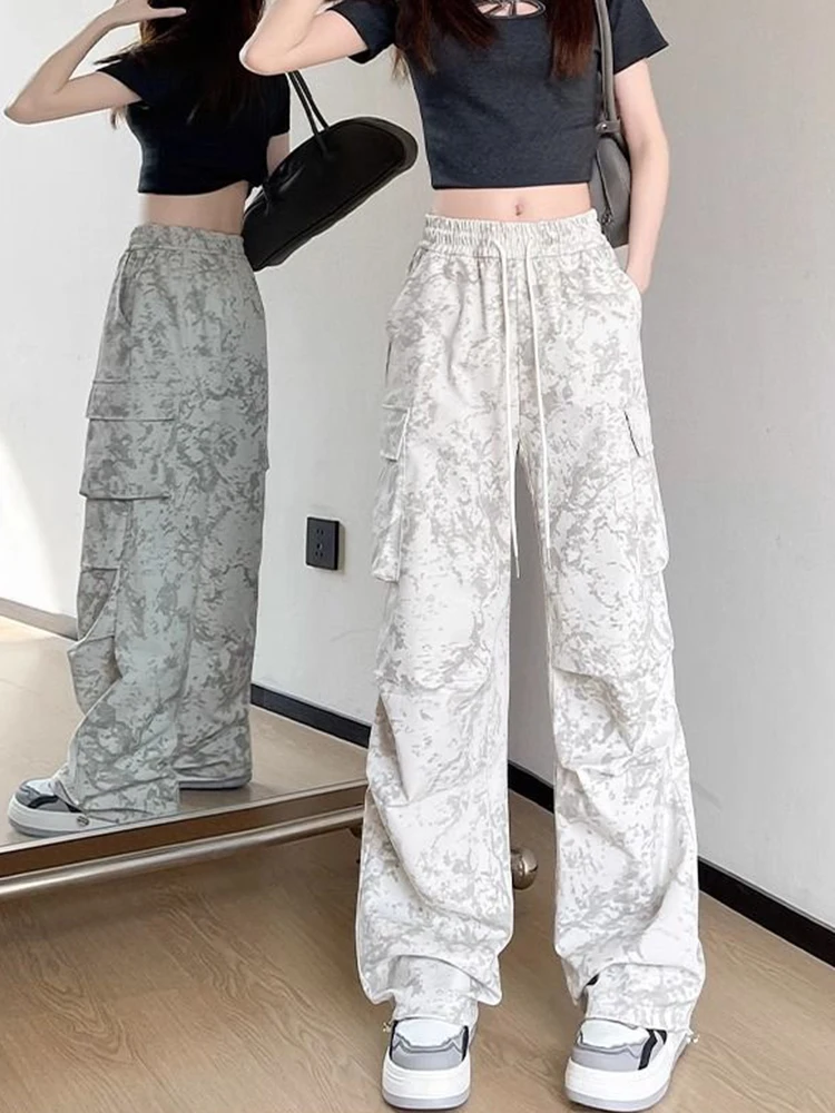 Zoki Tie Dye Streetwear Cargo Pant Women Vintage Loose High Waist Y2K Trousers Harajuku American Casual Summer Bf Wide Leg Pants