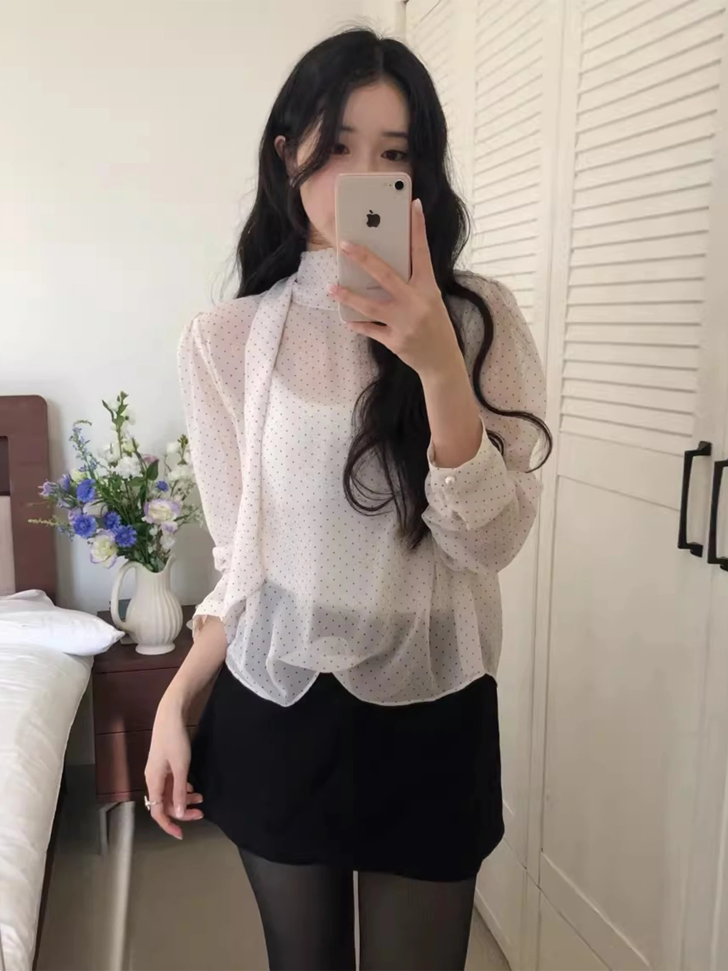 Ele Ne suspendu Sa couleur Blo à pois Base irt femmes début du printemps petit ence Perforation bulle Sve haut