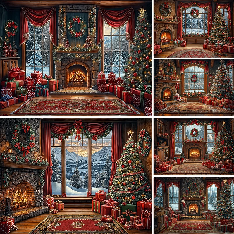 

LS Photography Background Christmas Vintage Fireplace Window Xmas Tree Kids Family Portrait Decor Backdrop Photo Studio