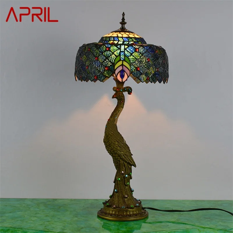 APRIL Tiffany Table Lamp Peacock Contemporary Retro Creative Decoration LED Light For Home