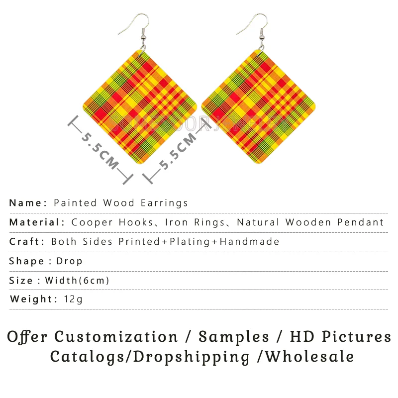 SOMESOOR Madras & Plaid Fabric Design Wooden Drop Earrings Afro Ethnic Headwrap Pattern Print Ear Dangle Jewelry For Women Gifts
