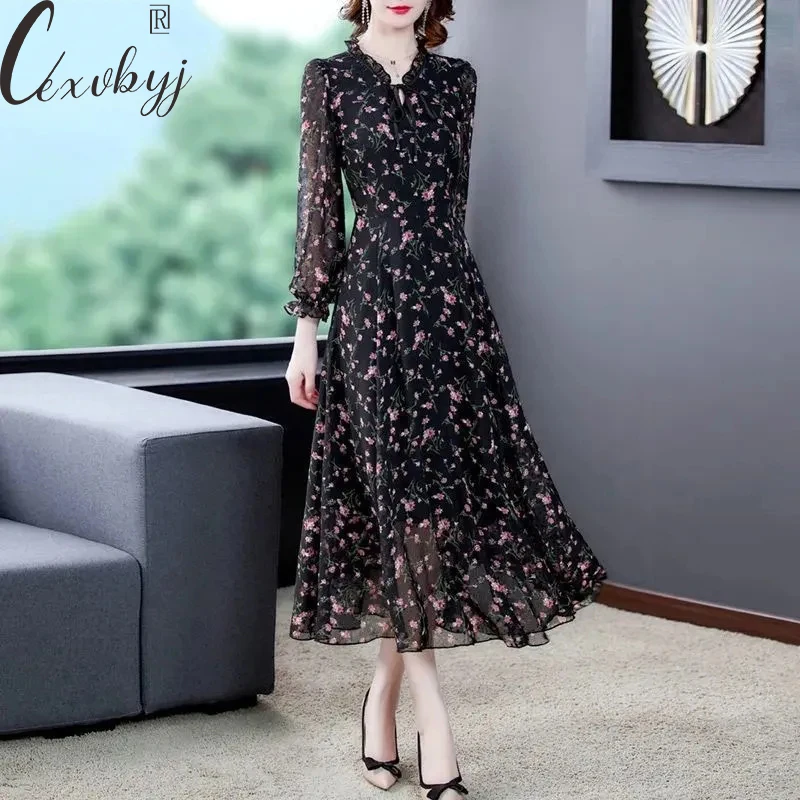 

Women Elegant Long Sleeve Chiffon Dress Spring Summer Print V-Neck Long Dress Female Large Size Floral Dress Casual Vintage