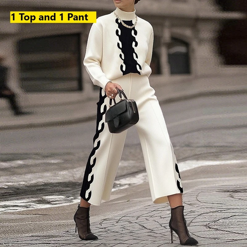 UOOZEE 2026 New Women's Office Work Matching Set Contrast Color High Neck Sweater & High Waisted Straight-leg Cropped Pants Stes