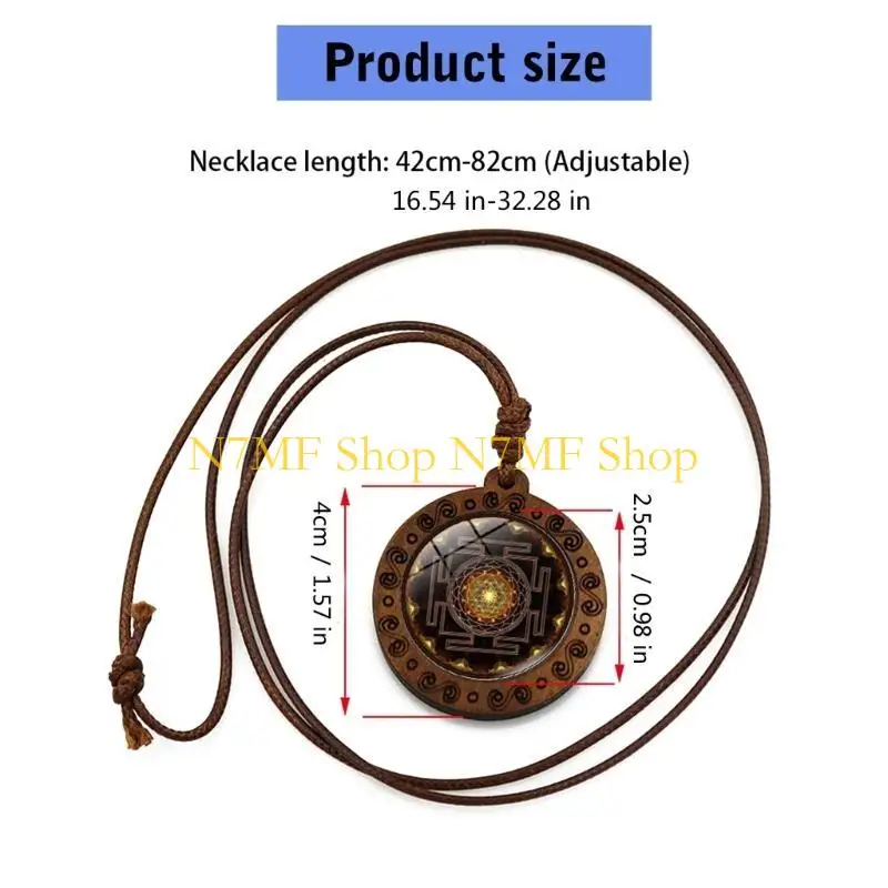 N7MF قلادة الخشب الروحية القلادة المقدسة والرمزية سري يانترا قلادة قلادة