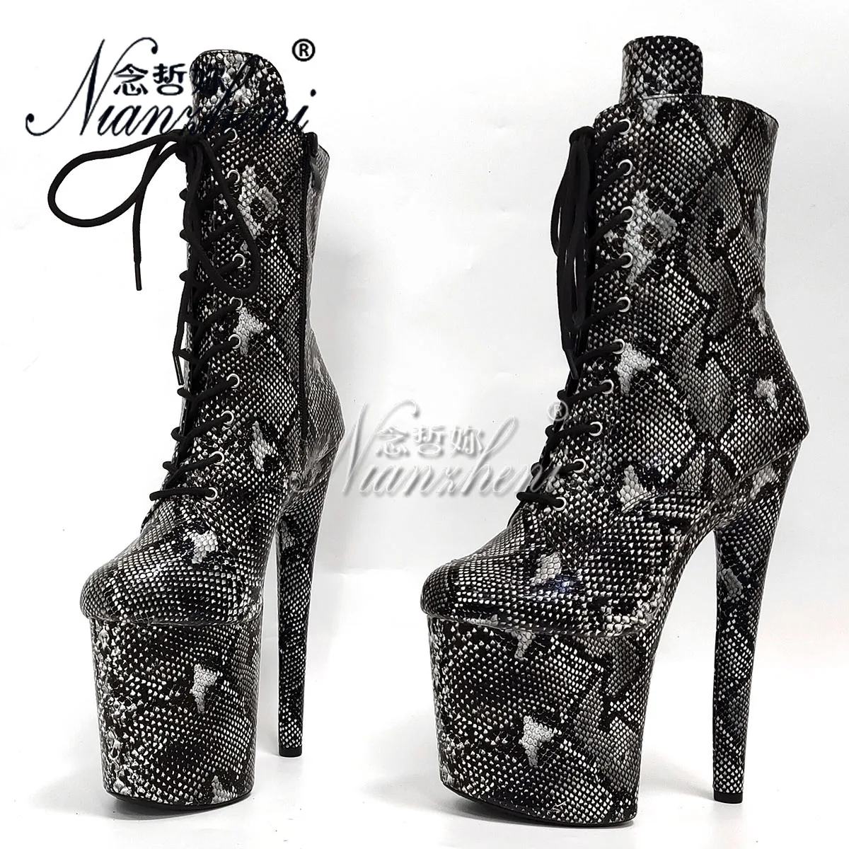 20cm Snake Print Gothic Ankle Boots Nightclub 8Inch Sexy Fetish Shoes Strip Pole Dance Platform Round Toe Catwalk High Heels