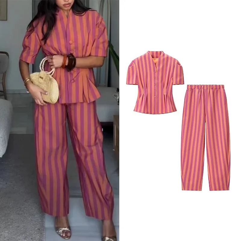 HipSeam Women's Striped Pants Set New 2026 Summer Short Sleeve V Neck Button Shirt Mid Waist Trousers2 Pieces Sets Female Outfit