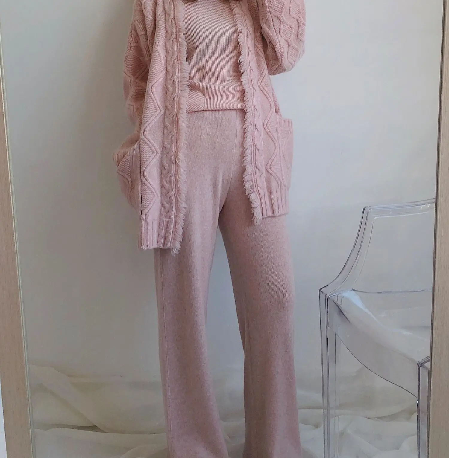 

Вишнево-розовые кашемировые широкие брюки, женские трикотажные повседневные брюки с высокой талией, свободные прямые брюки в брюках.