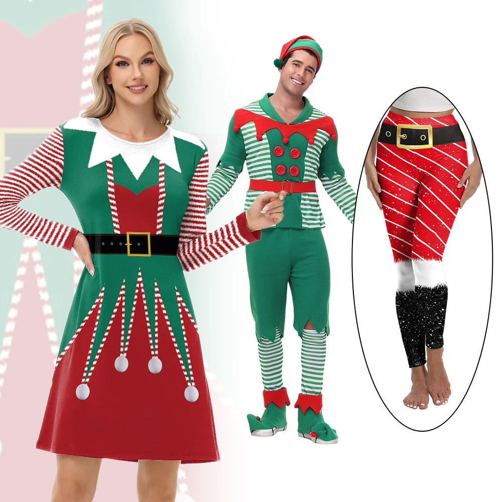

Zawaland Xmas Cosplay Santa Costume Family Matching Outfits Green Elf Dress Leggings Carnival Christmas Party Stage Performance