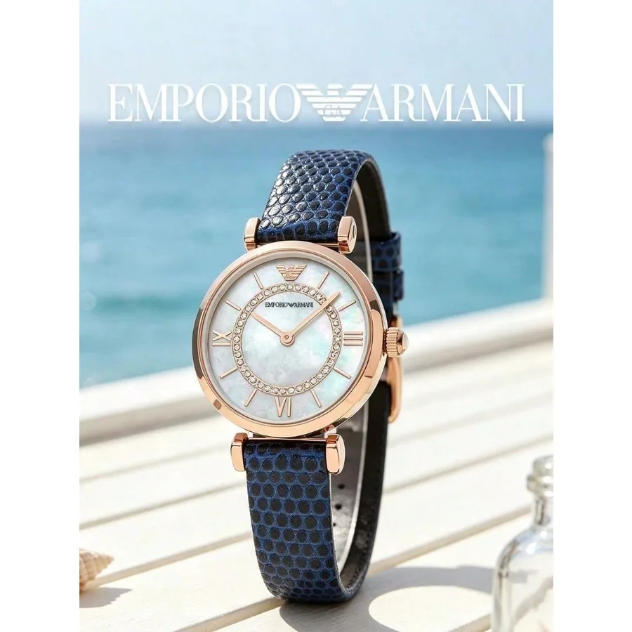Emporio Armani AR11468 Ladies Quartz Watch, Rose Gold Tone, Blue Lizard Pattern Leather Band, Mother of Pearl Dial Elegant Watch