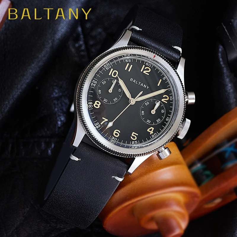 Baltany militaire chronograaf man S5054 retro-stijl quartz horloge lederen band saffierglas 5ATM waterdicht multifunctioneel horloge