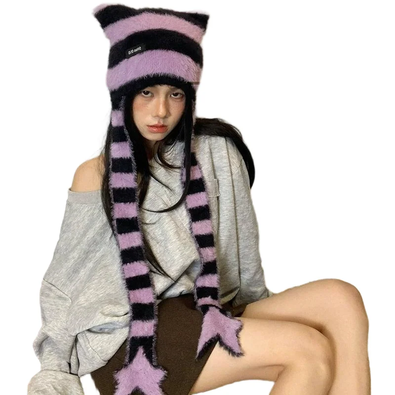 Hot Girl Sweet Cool Style Hut Stern gestreifte Plüsch-Strickmütze Vielseitig für Herbst und Winter – Detail 9