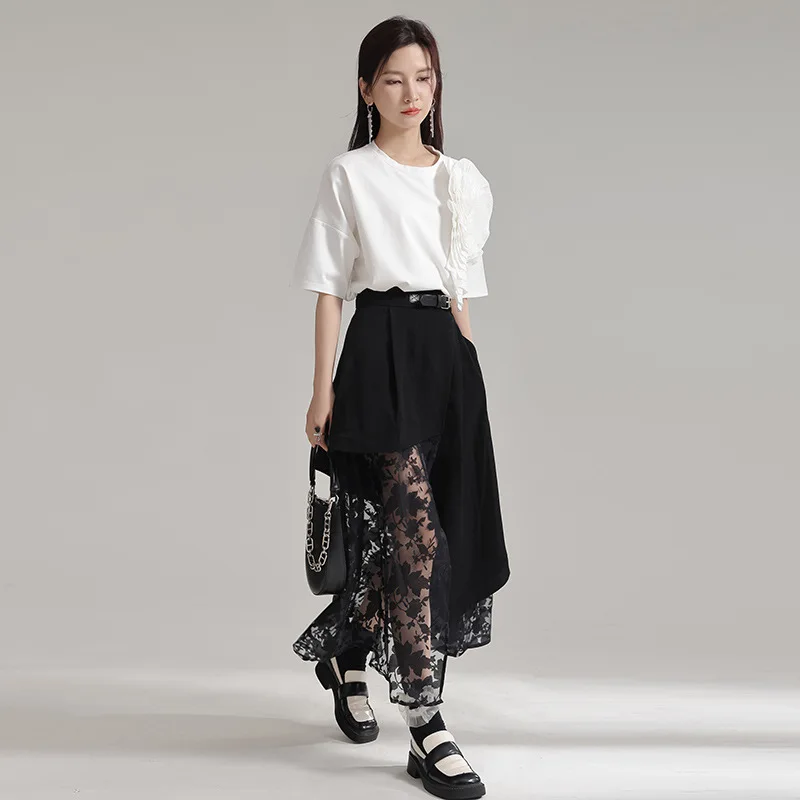 Women's Runway Fashion Spring Summer Mesh Patchwork Black Irregularity Skirt Female Autumn Winter High Waist A-Line Skirt TB046