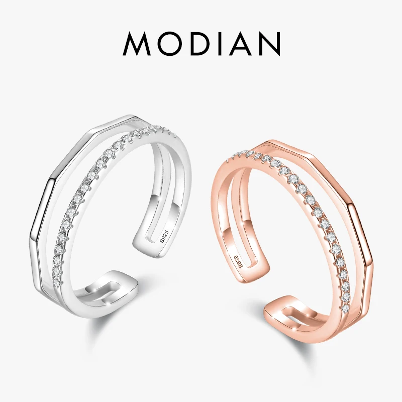 MODIAN 925 Sterling Silver Double Layer Geometric Line Adjustable Rings For Women Clear CZ Open Size 5-7 Original Fine Jewelry