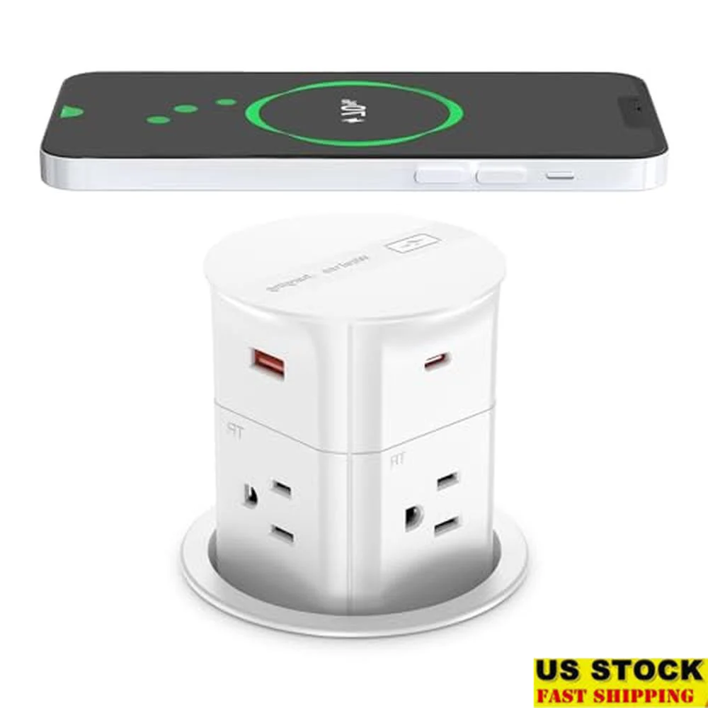 Retractable Countertop Outlet with Wireless Charger 20W Power Delivery Surge Protection 4 AC Outlets