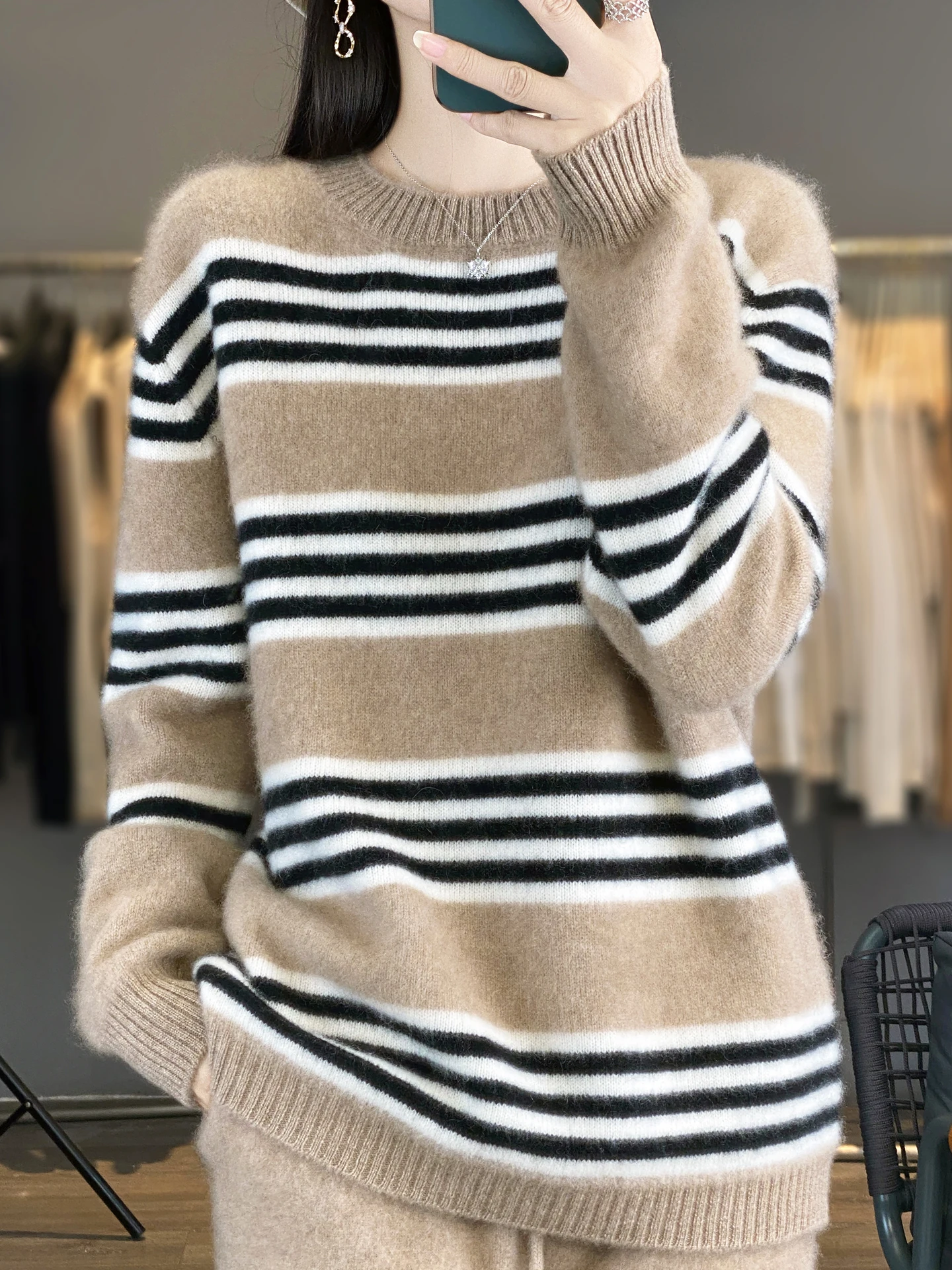 

Женский свитер TLOML из 100% мериносовой шерсти, вязаный, с круглым вырезом, в полоску, свободный, повседневный, осенне-зимний, кашемировый, мягкий, теплый, утолщенный топ