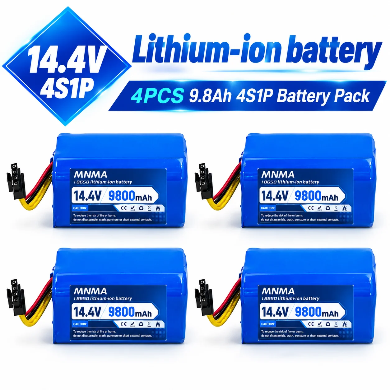 14.4V 9800mAh High Capacity Battery for Robot Vacuum Cleaner, 4S1P 18650 Li-ion Pack with BMS, Rechargeable Spare Battery
