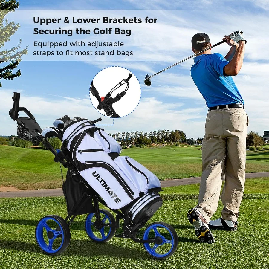ULTIMATE 3 عجلة جولف دفع سحب عربة طوي خفيفة الوزن حقيبة جولف عربة ث/مقعد قابل للتعديل ومقبض حامل بطاقة النتائج مظلة
