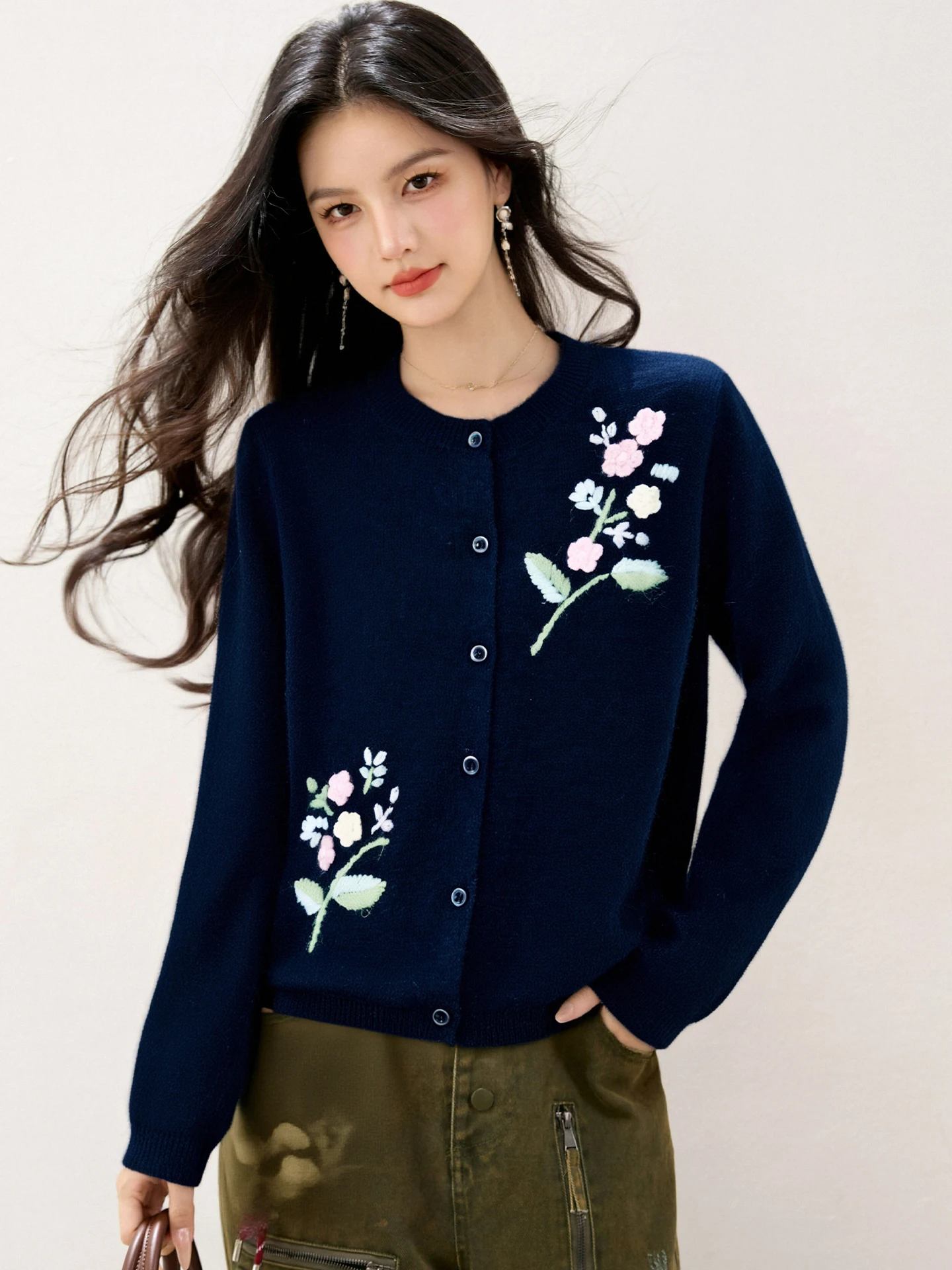 

Embroidered Knit Cardigan Jacket Autumn Winter Loose O Neck Long Sleeve Sweater Coat Casual Female Outwear Tops