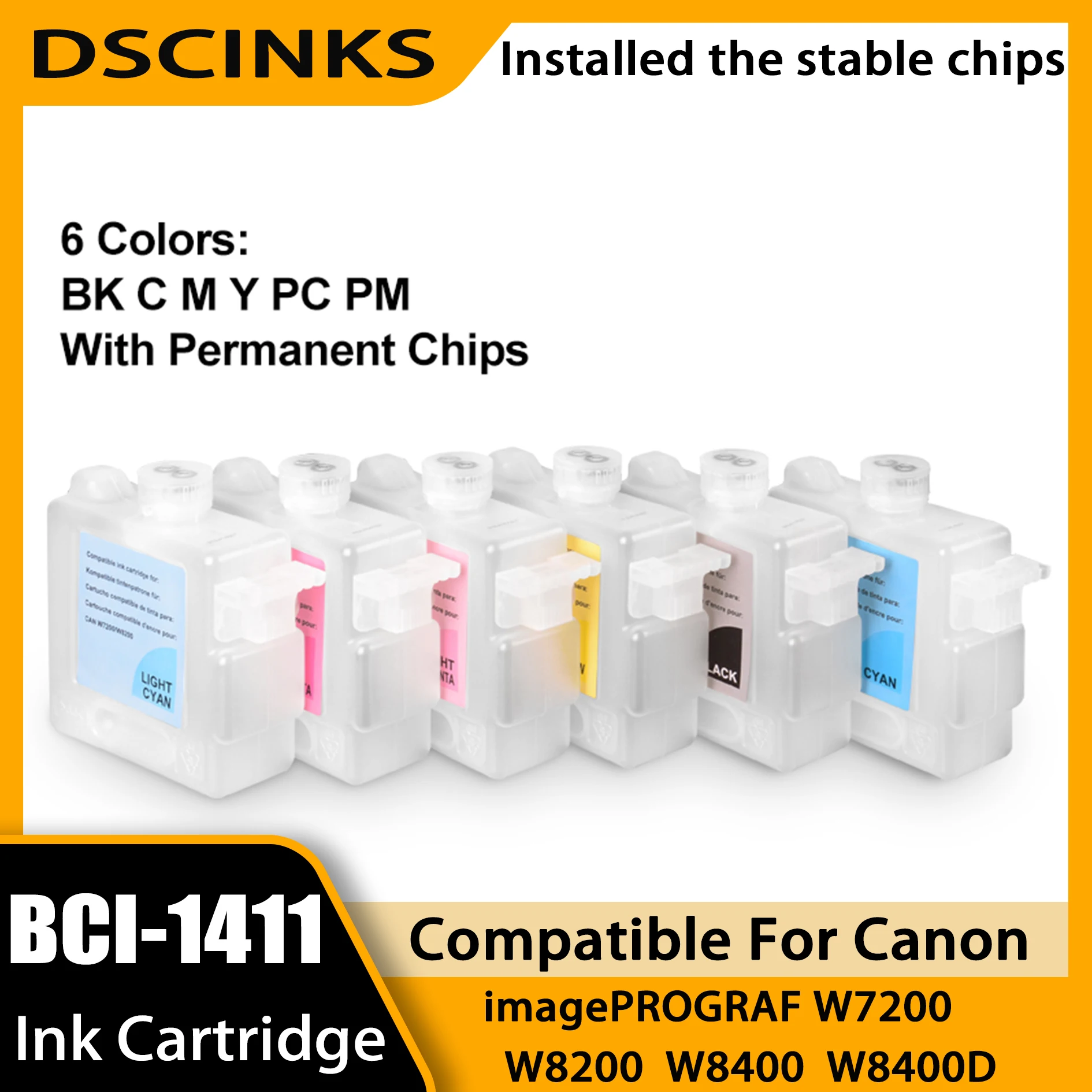

1 Set 6 Packs For Canon BCI-1411 Refillable Ink Cartridge With Chip For Canon imagePROGRAF W7200 W8200 W8400 W8400D Printer