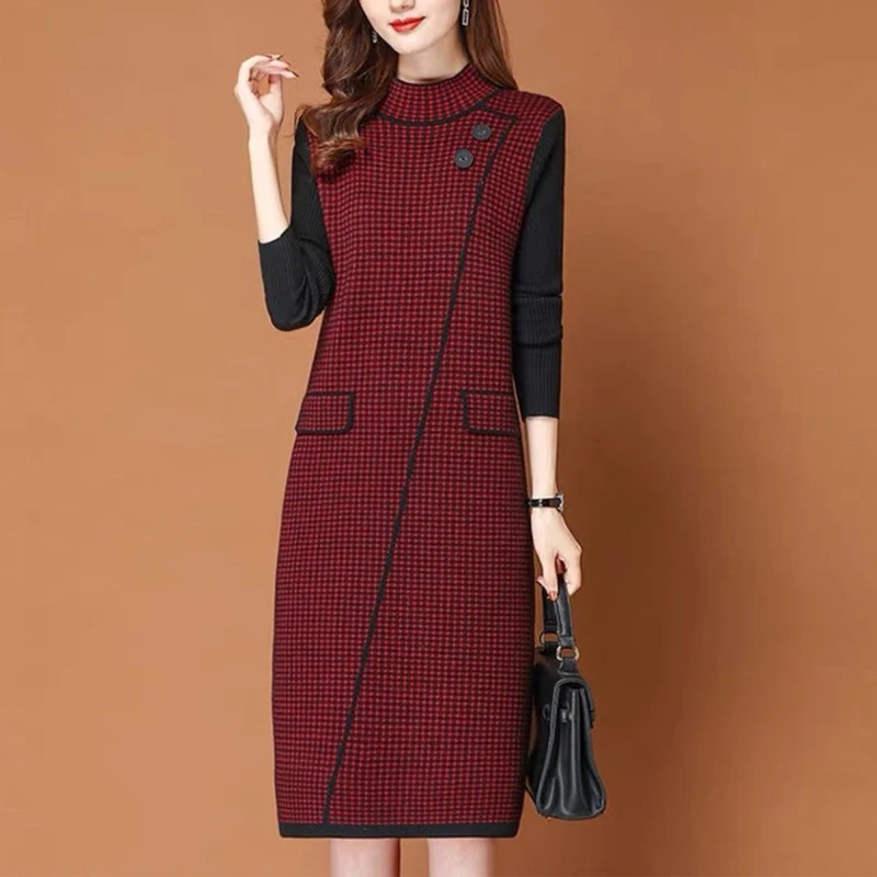 Outono inverno feminino retro xadrez retalhos básico vestidos de malha senhoras elegante meia gola alta manga longa solto vestido camisola