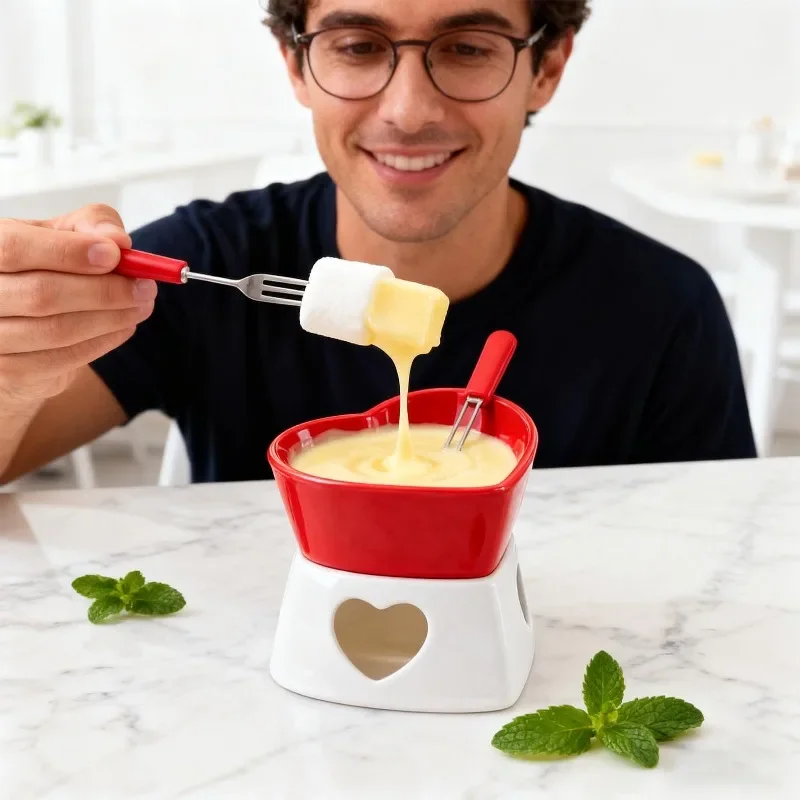 Chocolate Cheese Fondue Cup Set, Non-Stick Ceramic Warmer Personal Fondue Mug with 4 Forks for Marshmallow Treats