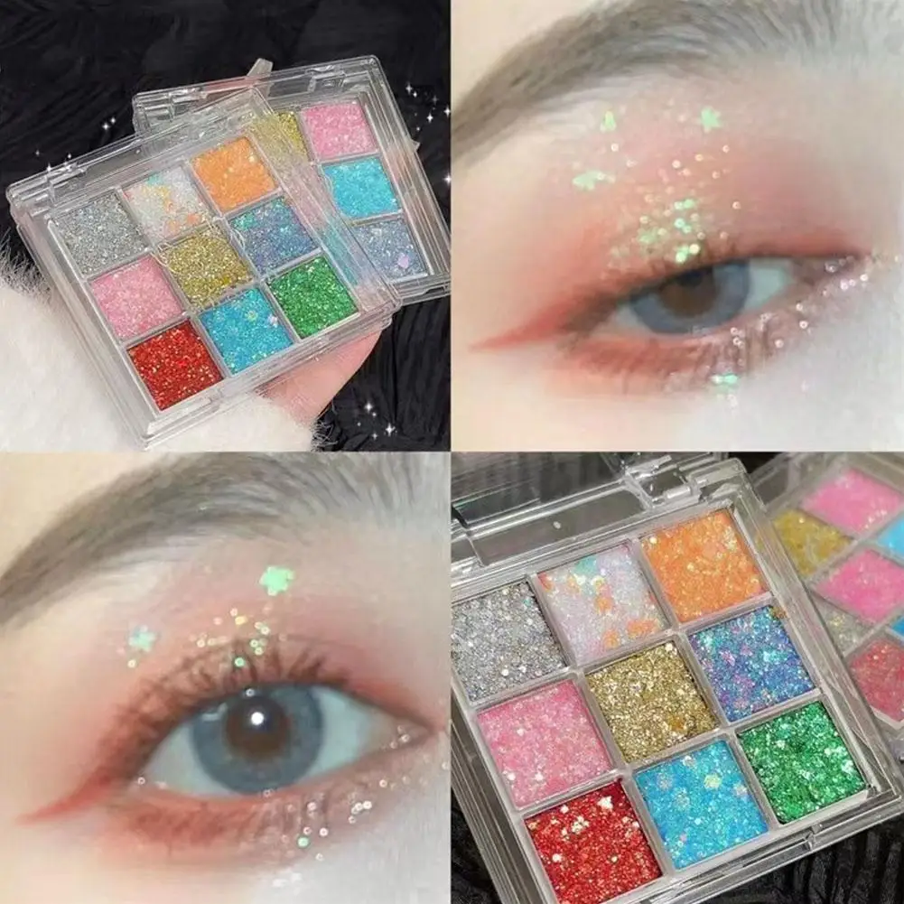 9Colors Glitter Eyeshadow Palette Shimmer Multicolor Mermaid Sparkle Sequin Finish Body Face Makeup Stage Party Makeup