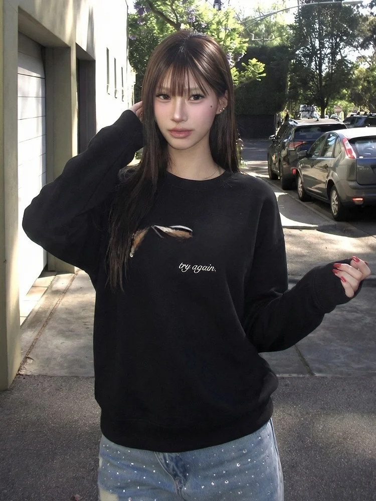 

Retro American Long Sve Crew Ne Sweatirt Women Early Spring Leopard Print Letter Print Loose Slimming Bla Capl To...