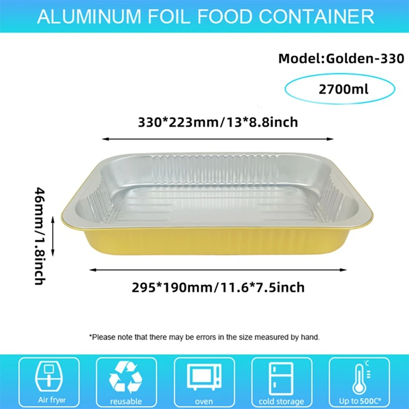 10pcs Pack Gold Foil Container 2700ml Disposable Aluminum Baking Tray Heat Resistant BBQ Rectangular Box Takeaway Food Packaging
