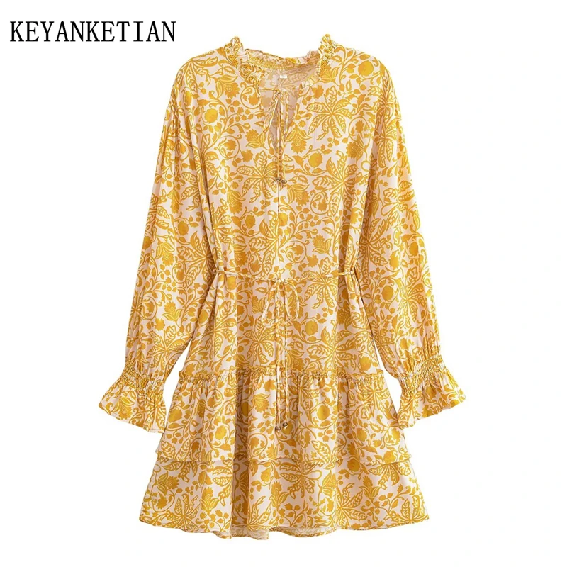 KEANKETIAN 2025 Nuovo stile bohemien Stampa floreale Mini abito in viscosa Perline Con lacci Scollo a V Abiti corti freschi da donna a strati