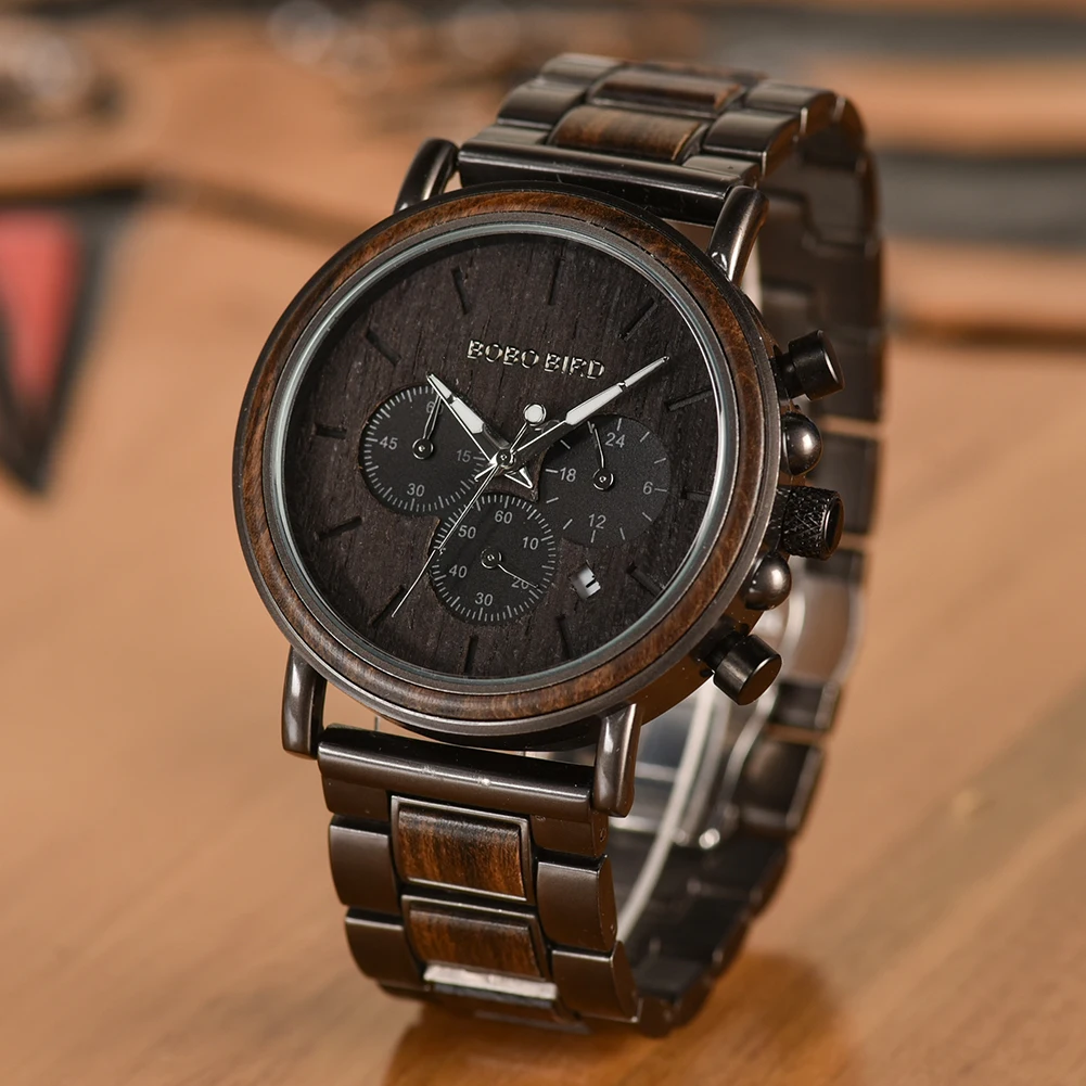 BOBO BIRD Quartz Watch For Men Luxury Man Watches Wood Stopwatch Date Display Chronograph Wristwatches relogio masculino Custom