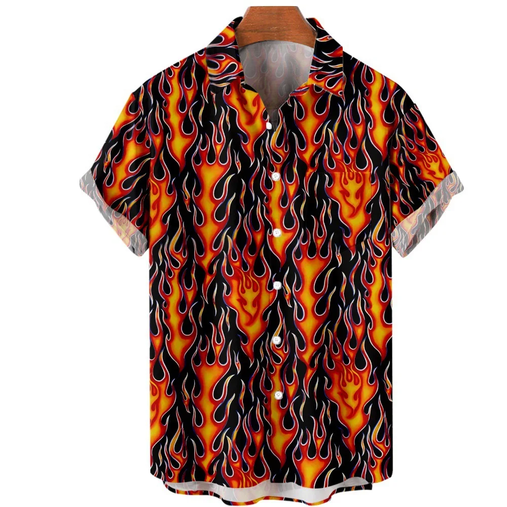 

Dress Shirts Colors Flame Printed Hawaiian Button Short Sleeve Summer Fashion Hipster Shirt Streetwear Casual Mens Clothing