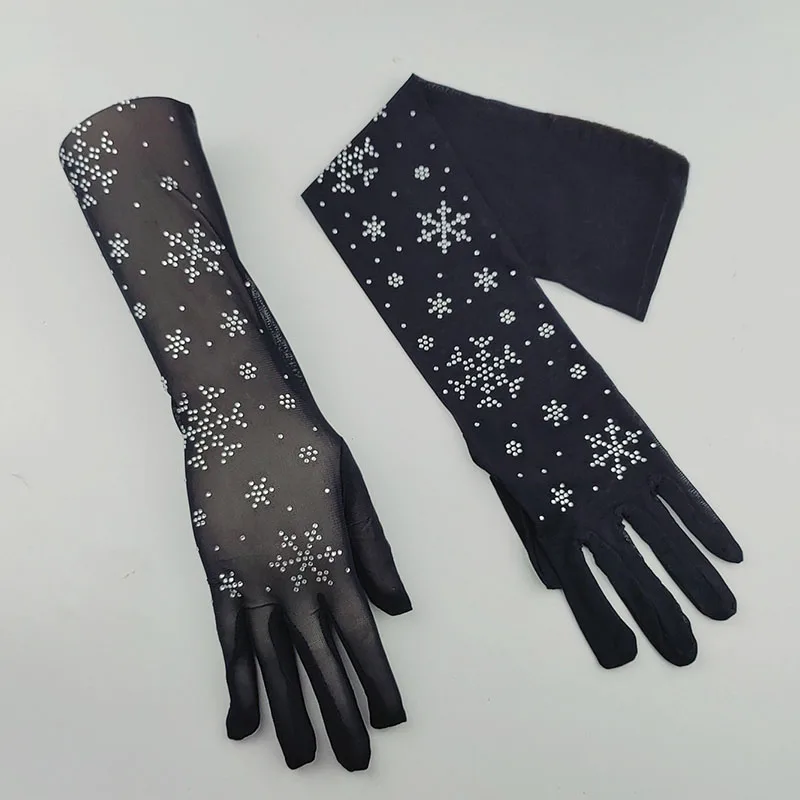 Sexy Black Lace Glove 55CM Long Thin Elastic Mesh Snowflake Shiny Rhinestone Halloween Makeup Party Costumes Accessories Cosplay
