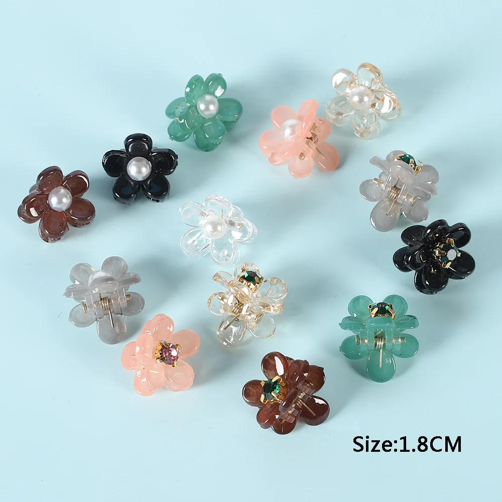 6PCS Transparent Flower Small Hair Claws Clips Women Girls Rhinestones Pearl Mini Crab Hair Clamps Sweet Childs Hair Accessories