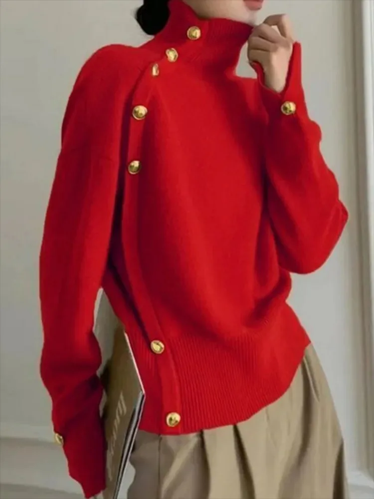

Женская водолазка красный свитер осень-зима с длинным рукавом свободный модный золотой элегантный повседневный офисный вязаный пуловер на пуговицах топы