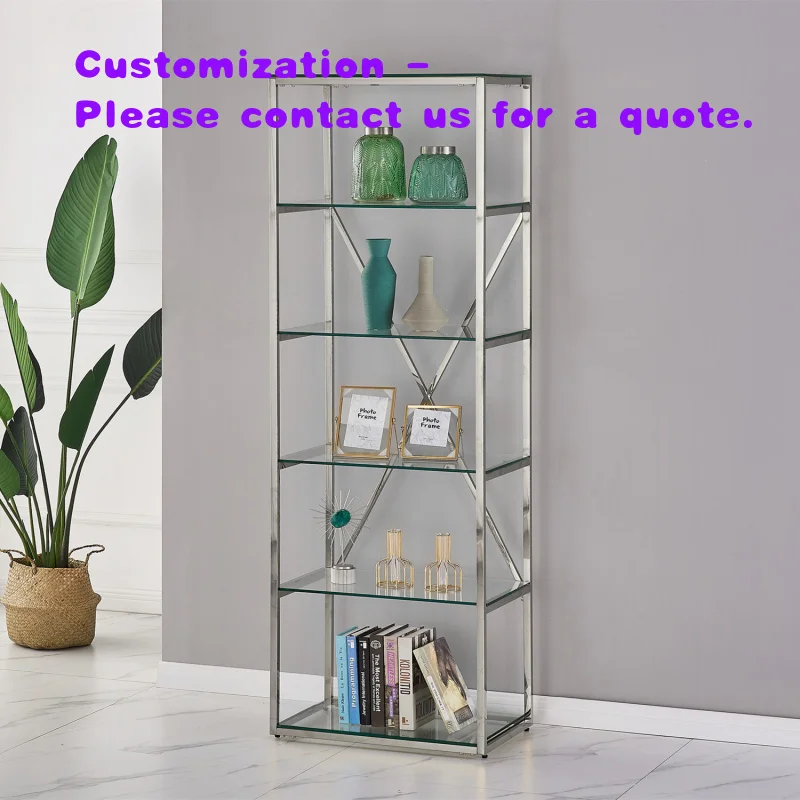 custom.Hot Selling Modern Home Book Shelves Office SILVER Stainless Steel Frame and Glass Bookcase Living Room Furniture