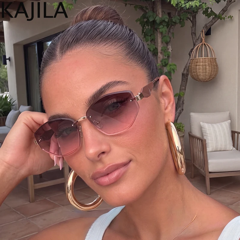 Hexagon Rimless Punk Sunglasses Women 2026 Luxury Brand Metal Driving Sun Glasses Ladies Retro Polygon Shades UV400