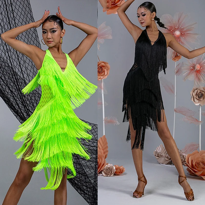 Fluorescent Green Tassel Latin Dance Dress Women Halter Neck Fringe Dress Adult Competition Dress Cha Cha Samba Costume DNV17498