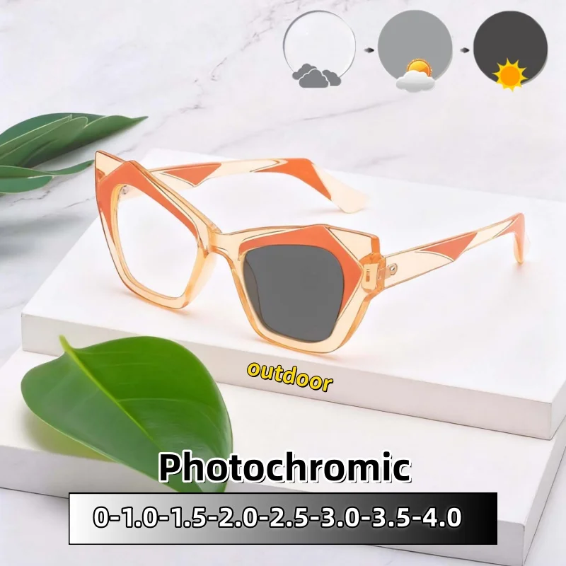 

Popular Fashion Color Splicing Photochromic Myopia Glasses Vintage Cat Eye Men Women Eyeglasses Protect Eyes 0 To -4.0