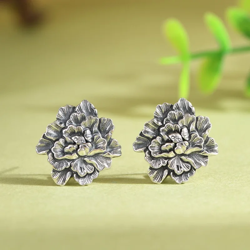 Pendientes de plata tailandesa con forma de peonía floreciente para mujer, Plata de Ley 925, Brincos florales, joyería de flores elegante de China, pendientes étnicos