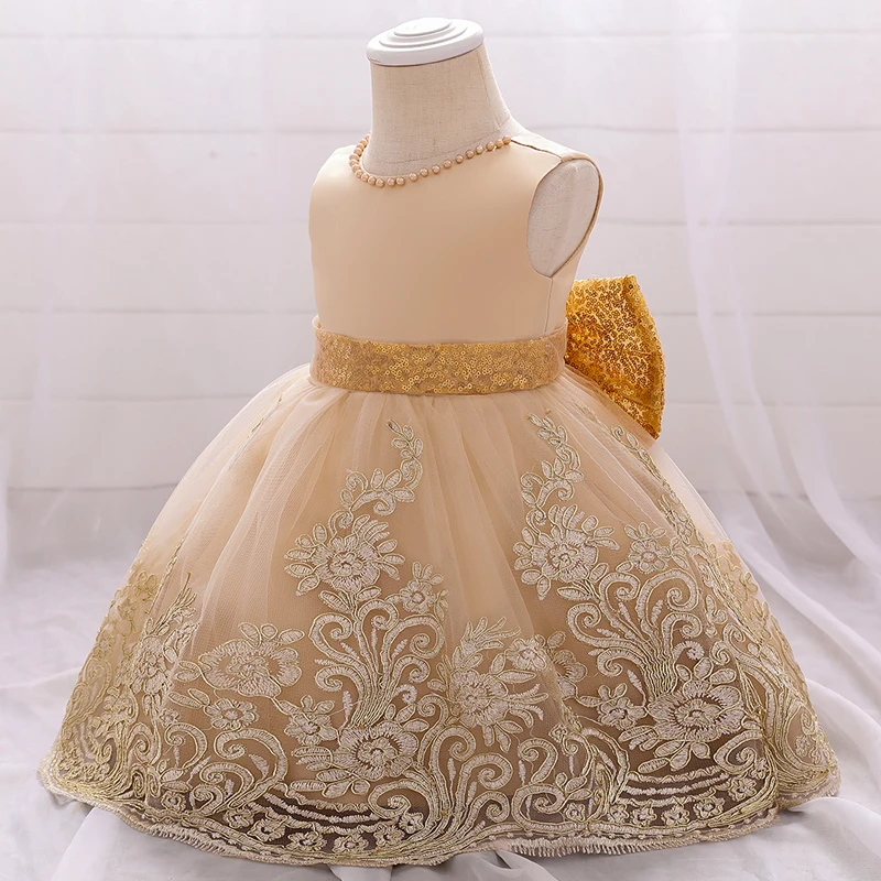 Flower Champagne 1srt Birthday Dress For Baby Girl Clothes Princess Dresses Baptism Dress Infant Vestidos Toddler Ceremony