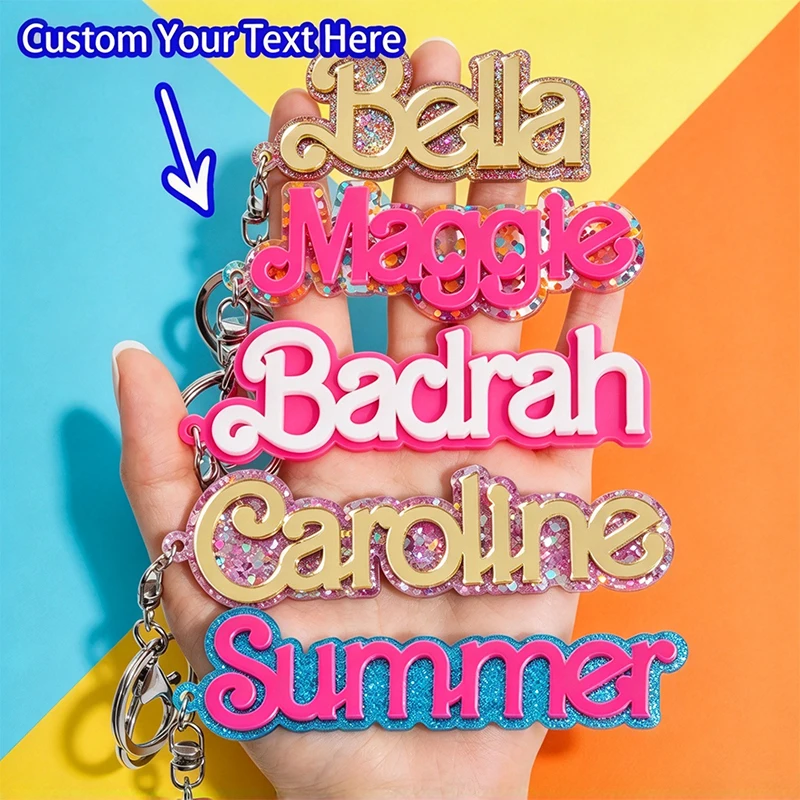 Cute Pink Color Acrylic Custom Name Tag Keychain Personalized Lettter Nameplate Double Layers Pendant Keyring Backpack Bag Charm