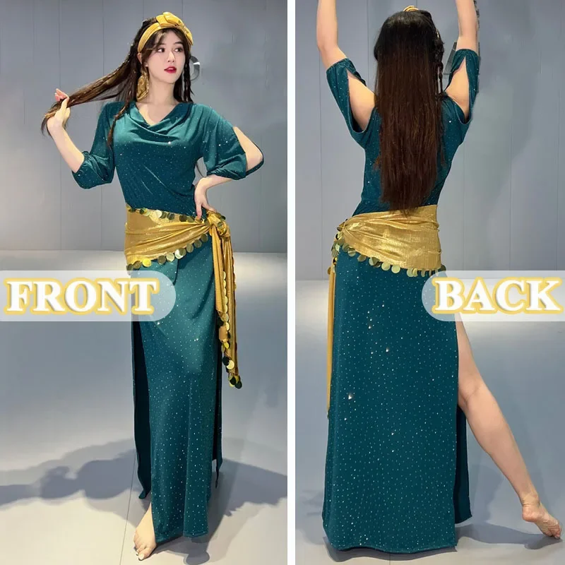 Buikdanskostuum Vrouwelijke Volwassen Sexy Mode Glitter Jurk + Hoofddoek + Taille Sjaal 3PC Set Halloween Prestaties Exotisch kostuum