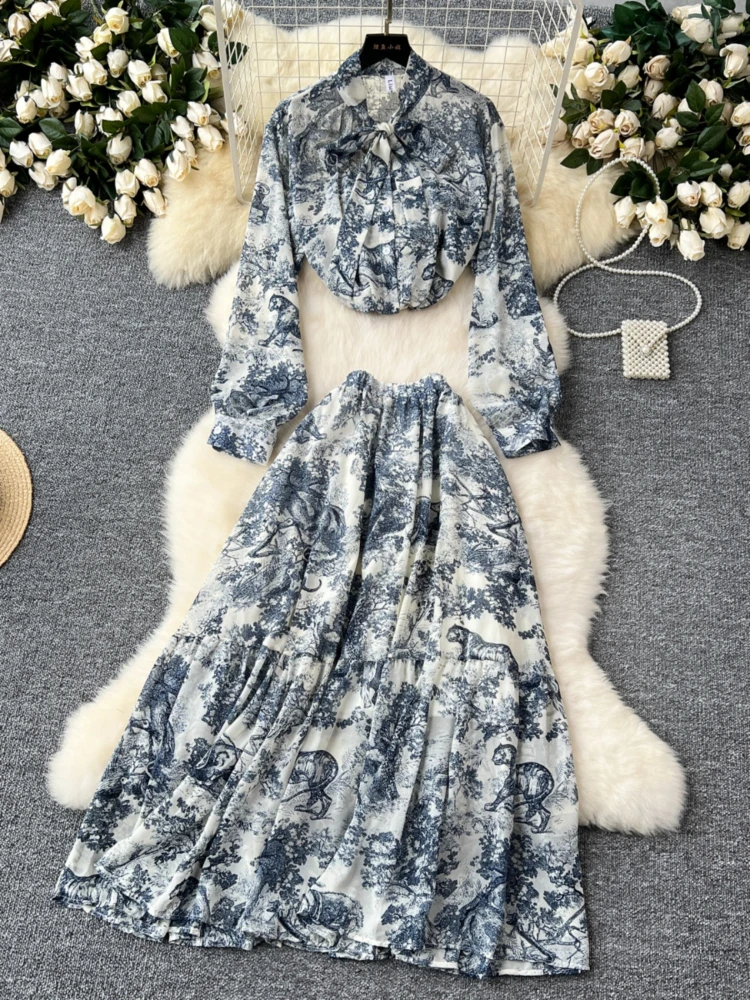 Women Vintage Printing Two Piece Sets Spring Summer Ruffled Long Sleeved Shirt High Waisted A-line Long Skirts Elegant Suits