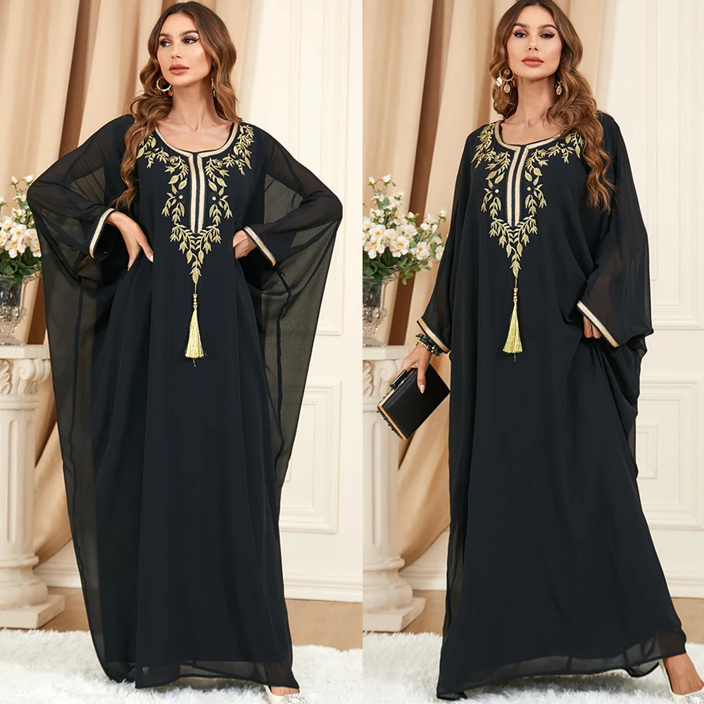 

Femme Abaya Ramadan Embroidery Black Bat Sleeve Muslim Dress for Women Islamic Eid Jalabiya Marocain Gown Turkey Moroccan Kaftan