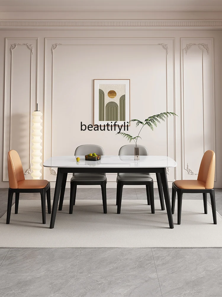 Solid Wood Stone Plate Dining Tables and Chairs Set Simple Black Small Apartment Rectangular New Household Eating Table